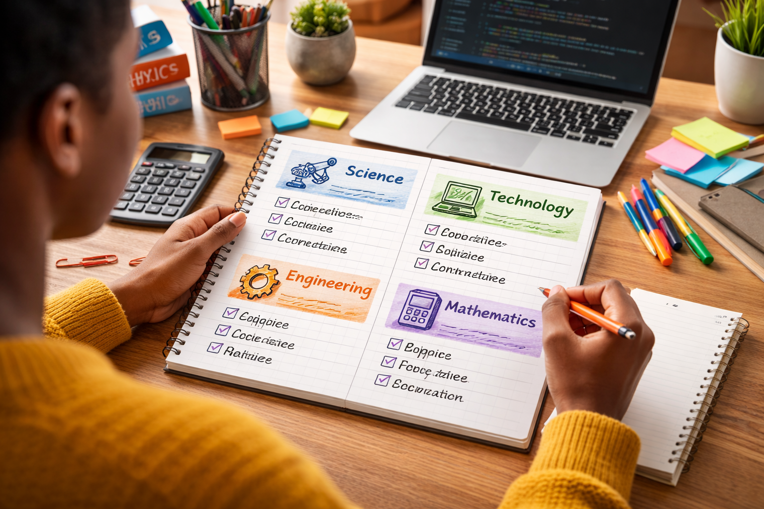 Student reviewing a list of STEM subjects including science, technology, engineering, and mathematics categories on a notebook with laptop and calculator on desk