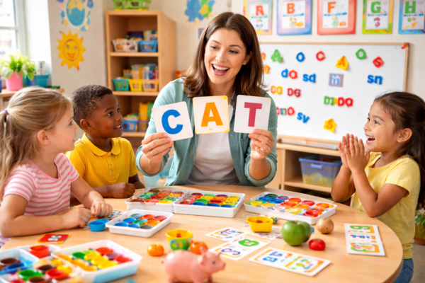 Teacher using colorful letter cards and hands-on phonics activities with young children in a bright classroom setting
