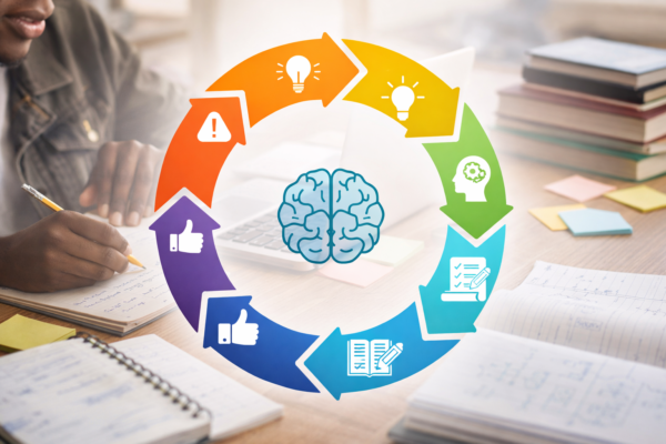 Diagram showing the 7 elements of learning—attention, motivation, prior knowledge, active engagement, practice, feedback, and application—arranged in a circular cognitive learning framework.