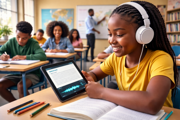 Student with dyslexia using AI text-to-speech software in an inclusive classroom supported by adaptive learning technology
