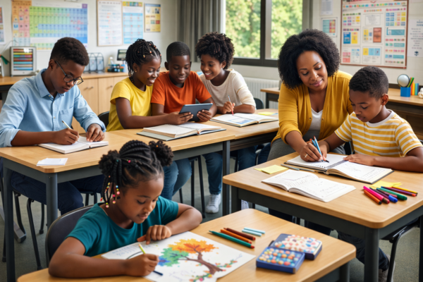 Illustration showing diverse students demonstrating the Big Five personality traits in a classroom setting, including collaboration, independent study, creativity, organization, and emotional regulation.