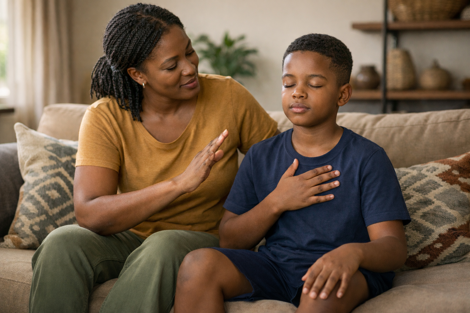 Parent teaching child the 3-3-3 grounding technique for anxiety relief at home