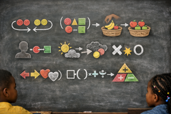 Diagram illustrating the 7 principles of math: commutative, associative, distributive, identity, inverse, zero property, and order of operations with simple examples.