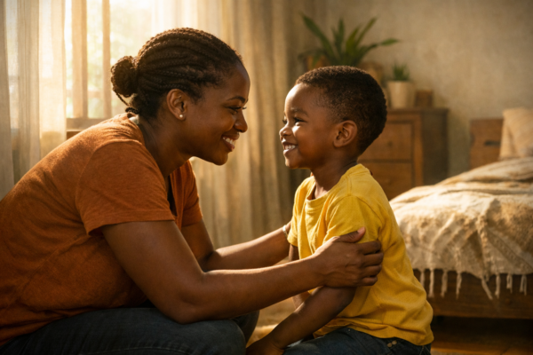 Parent giving child focused attention during morning routine as part of the 9-minute rule for kids emotional bonding strategy