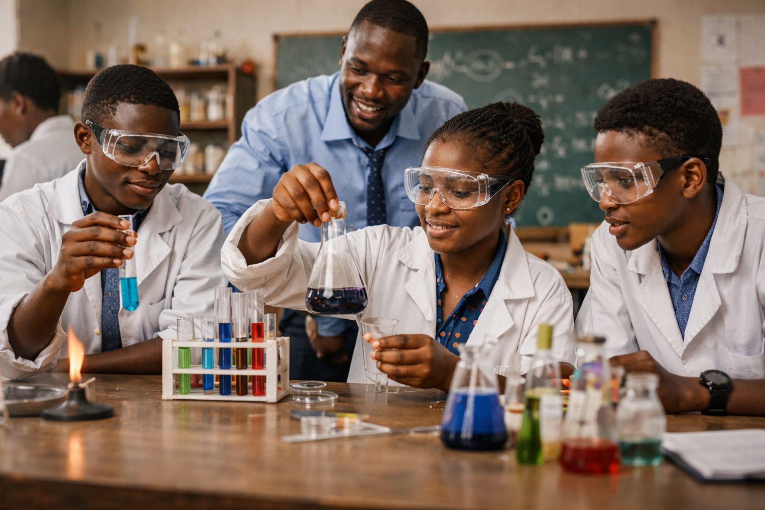 Secondary school students conducting a chemistry experiment in a laboratory, demonstrating hands-on science learning and critical thinking development