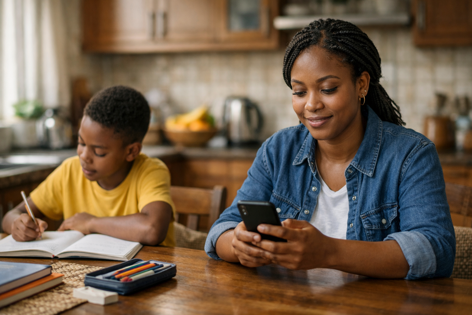 Parent using AI parenting app to manage screen time and learning while child studies at home