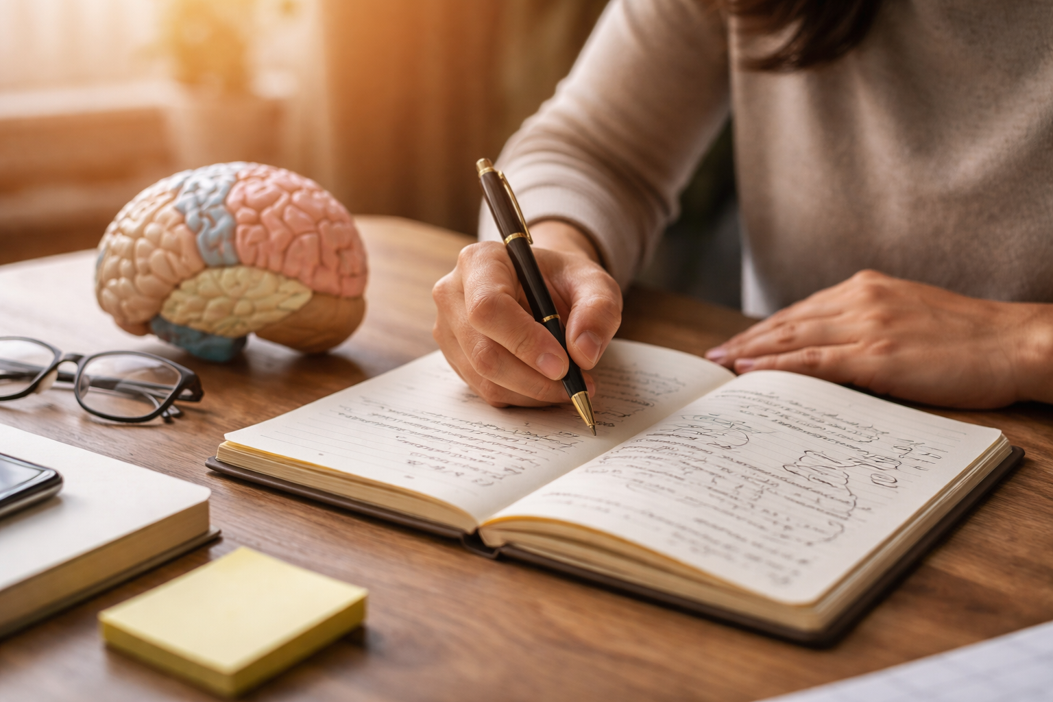 Person writing notes by hand in a notebook to improve memory and brain function, supported by neuroscience research