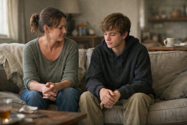 Parent and child talking calmly after a mistake, illustrating how imperfect parenting builds emotional resilience and trust