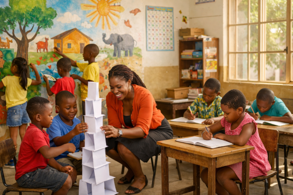 Elementary school students participating in creative classroom activities including mural painting, STEM tower building, and creative writing projects.