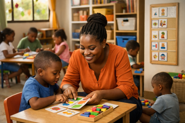 Teacher using individualized, evidence-based teaching strategies to support a child with special needs in an inclusive classroom setting.