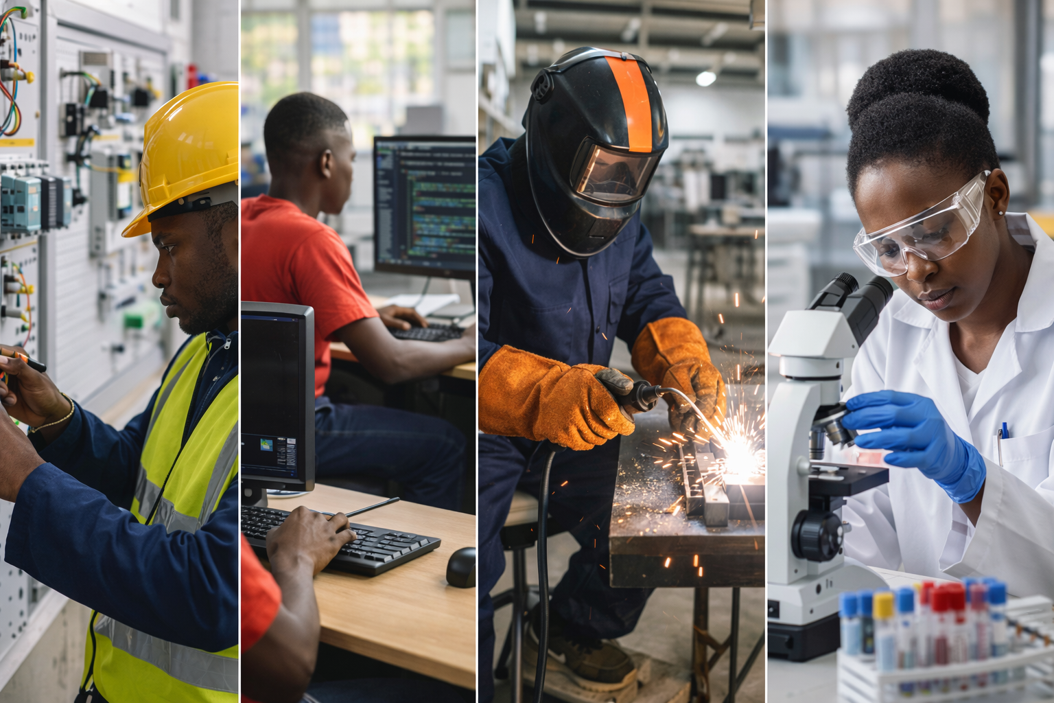 Students receiving hands-on technical education training in electrical engineering, welding, computer IT, and medical laboratory technology.