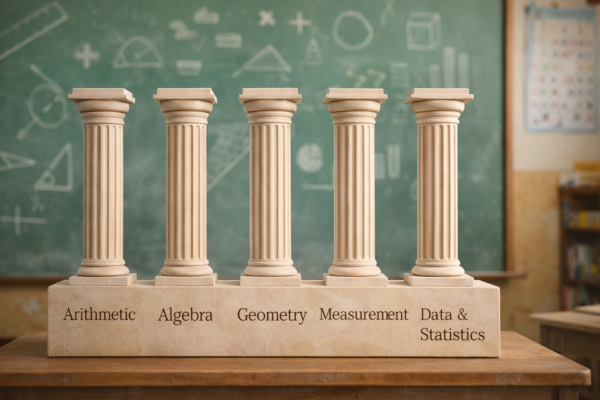 Five pillars of math diagram showing arithmetic, algebra, geometry, measurement, and data and statistics as the foundation of mathematics learning.