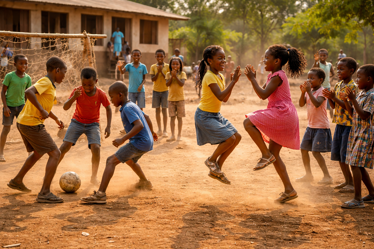 Primary school children in Africa playing football and traditional Ampe game during recess in a rural school playground.