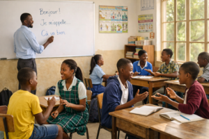 Students learning French as a subject in school practicing speaking skills in a modern classroom