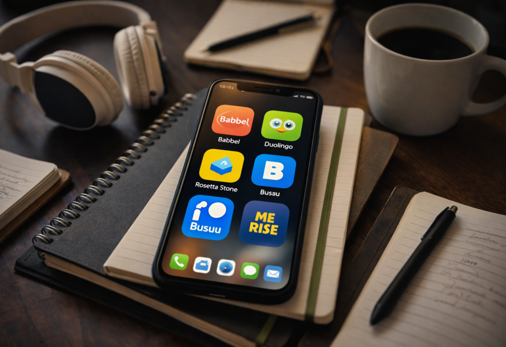 Smartphone displaying Duolingo, Babbel, Rosetta Stone, and Busuu apps for learning languages, surrounded by study materials.