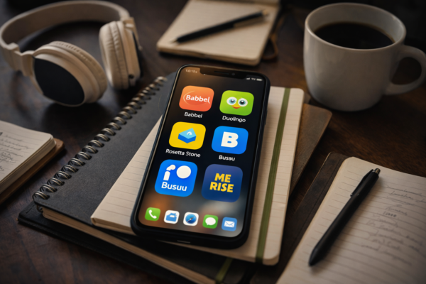 Smartphone displaying Duolingo, Babbel, Rosetta Stone, and Busuu apps for learning languages, surrounded by study materials.