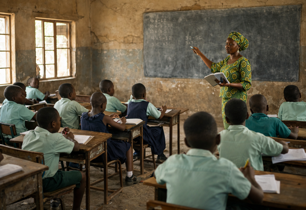 Students learning in a Nigerian classroom with mixed infrastructure conditions, highlighting education quality challenges in Nigeria