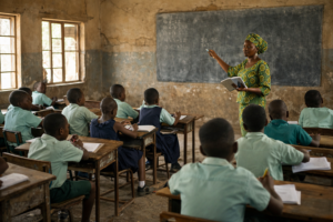 Students learning in a Nigerian classroom with mixed infrastructure conditions, highlighting education quality challenges in Nigeria