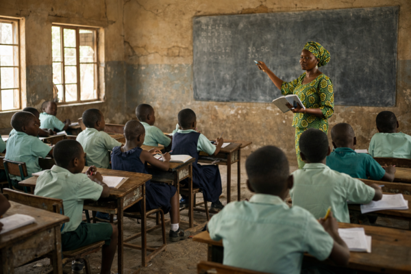 Students learning in a Nigerian classroom with mixed infrastructure conditions, highlighting education quality challenges in Nigeria