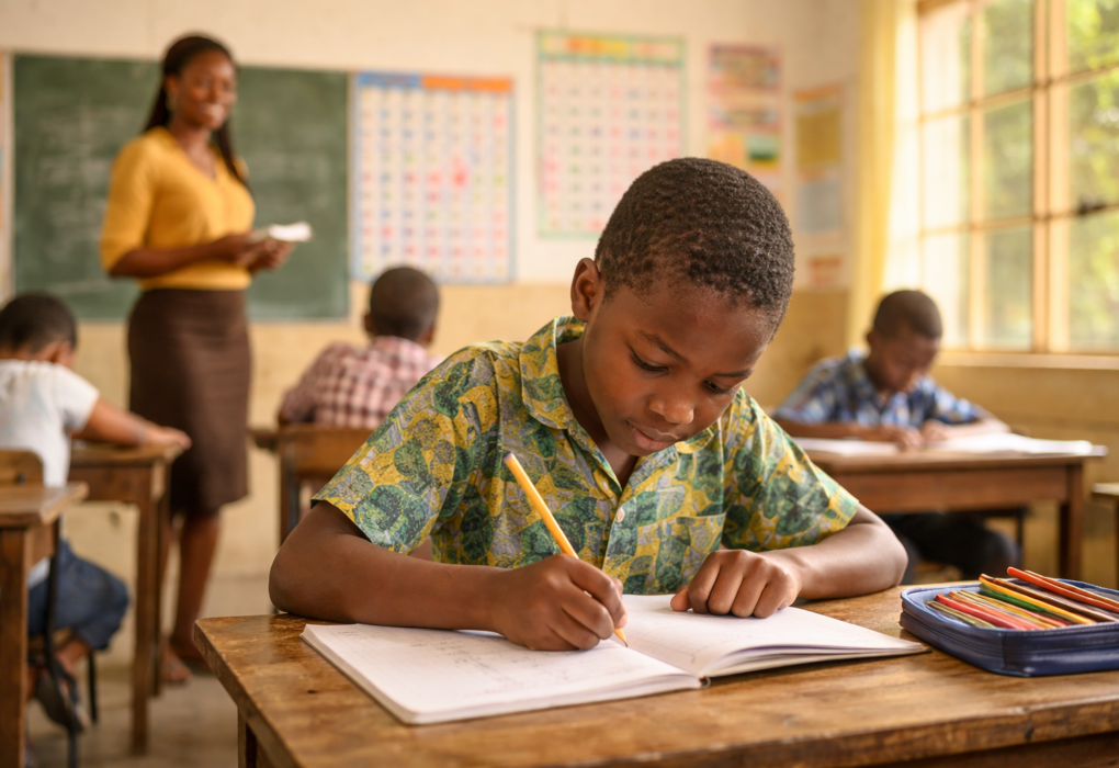 Primary 6 pupil solving quantitative reasoning math problems with fractions and number patterns in a classroom setting