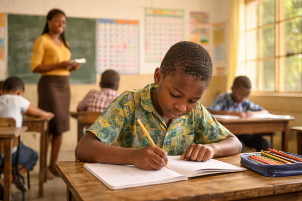 Primary 6 pupil solving quantitative reasoning math problems with fractions and number patterns in a classroom setting
