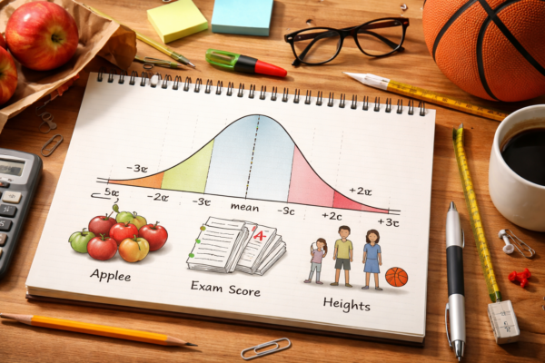 Illustration explaining standard deviation with a bell curve showing data spread around the mean for beginners