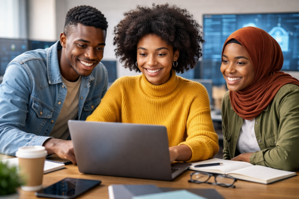 International students studying cyber security with scholarship icons, digital security symbols, and university buildings in the background