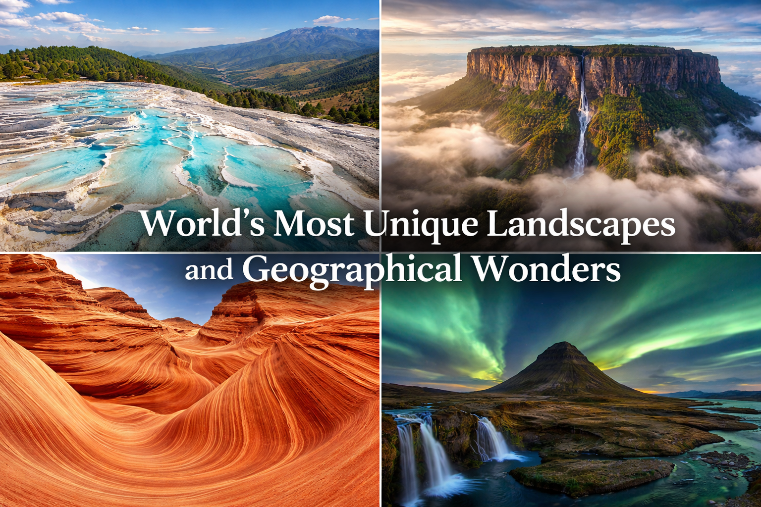 Panoramic view of the world’s most unique landscapes, including salt flats, deserts, canyons, colorful mountains, and mineral terraces shaped by natural geological processes.