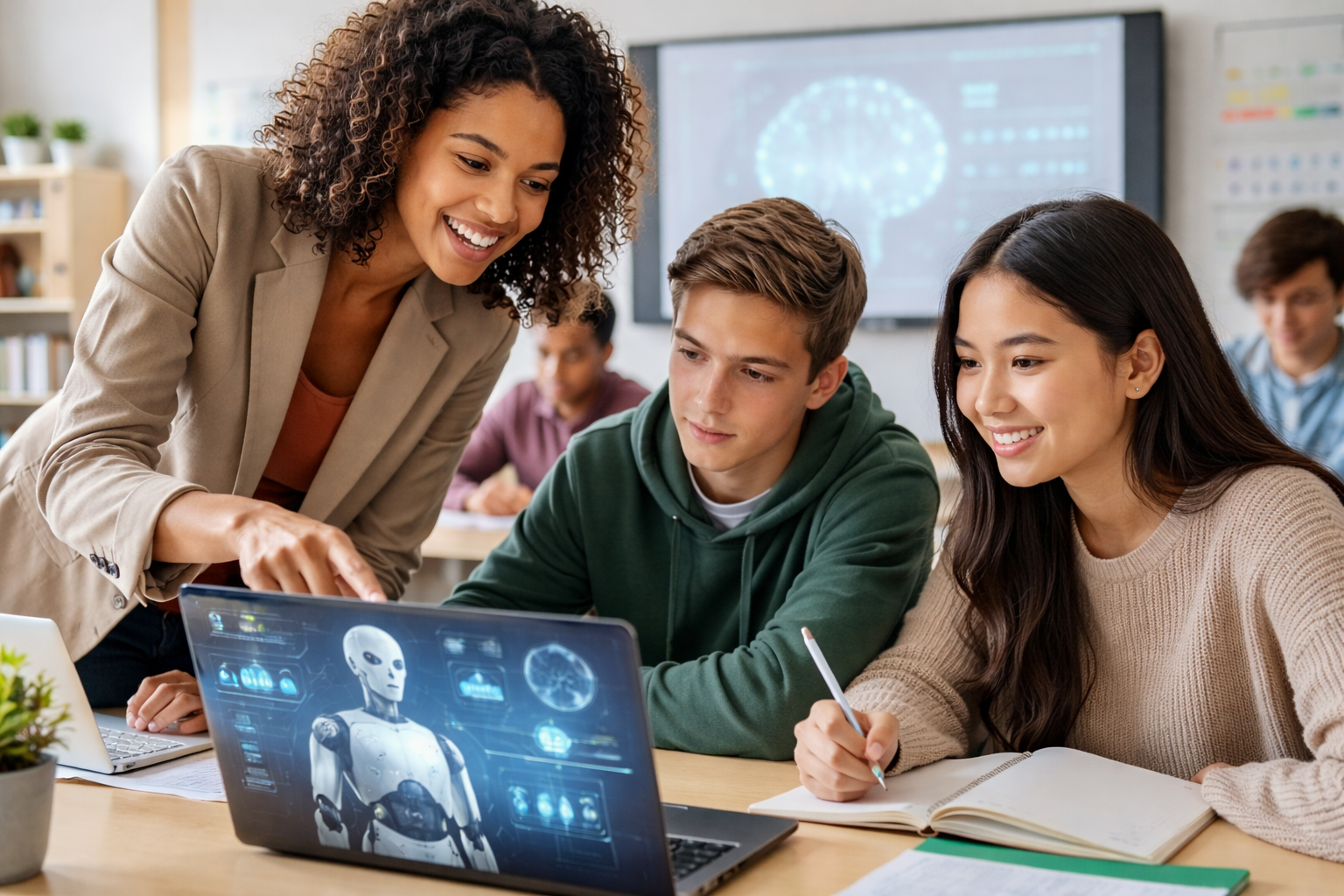 Students and teachers using AI-powered education tools in a modern classroom, illustrating personalized learning and data-driven insights