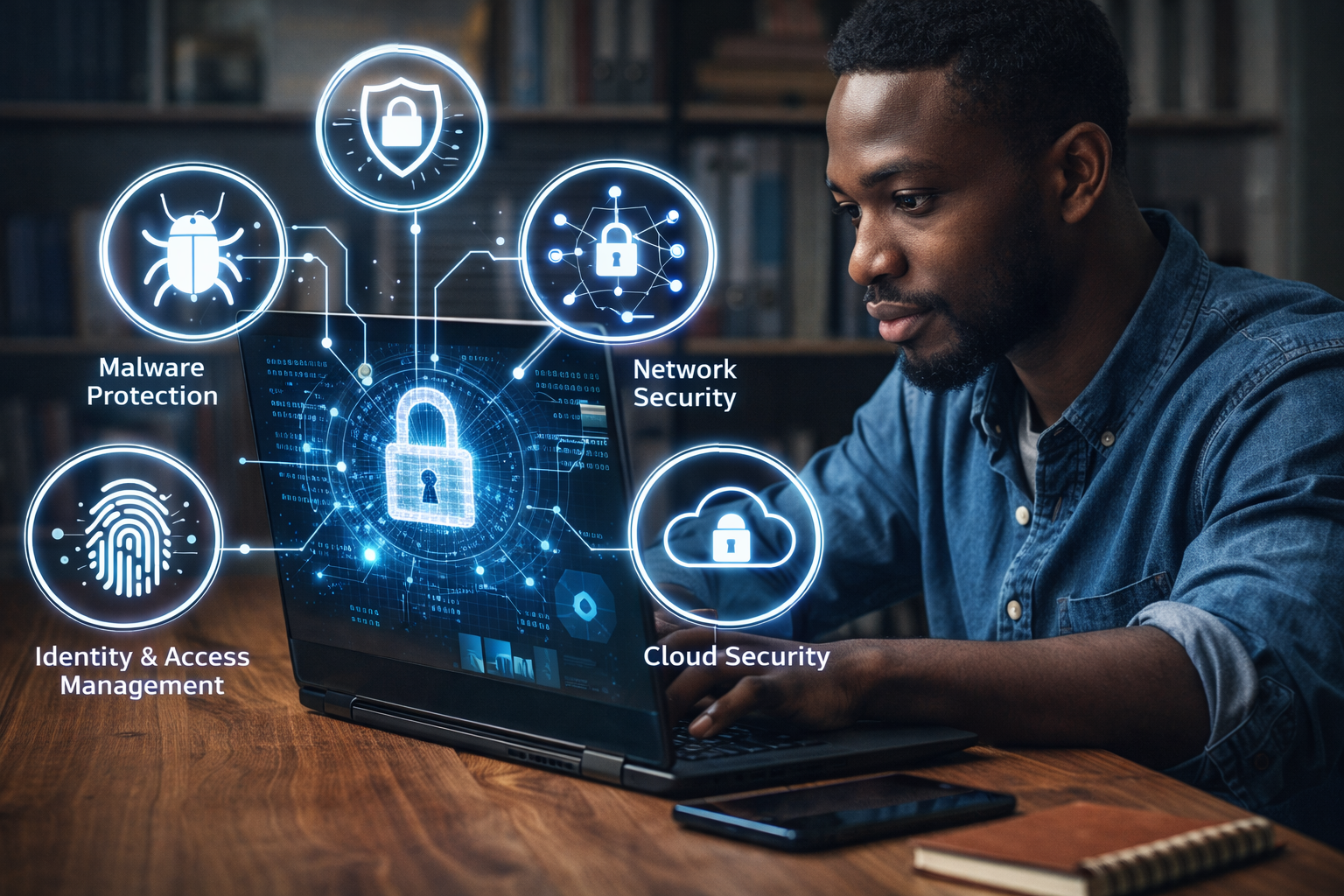 Illustration showing the Big 4 pillars of cyber security: network security, application security, information security, and operational security working together to protect digital systems.