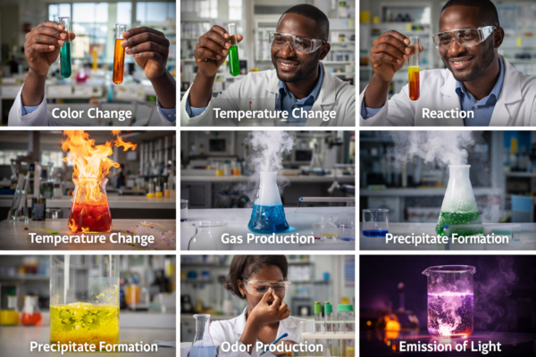 Illustration showing the seven signs of a chemical reaction, including color change, gas formation, temperature change, precipitate formation, light emission, odor change, and sound.