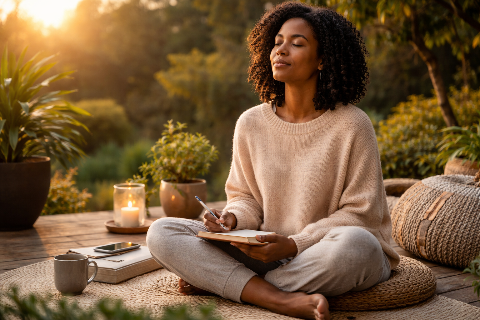 A person sitting calmly and journaling in a quiet space, practicing self-reflection to clear their thoughts and improve inner focus.