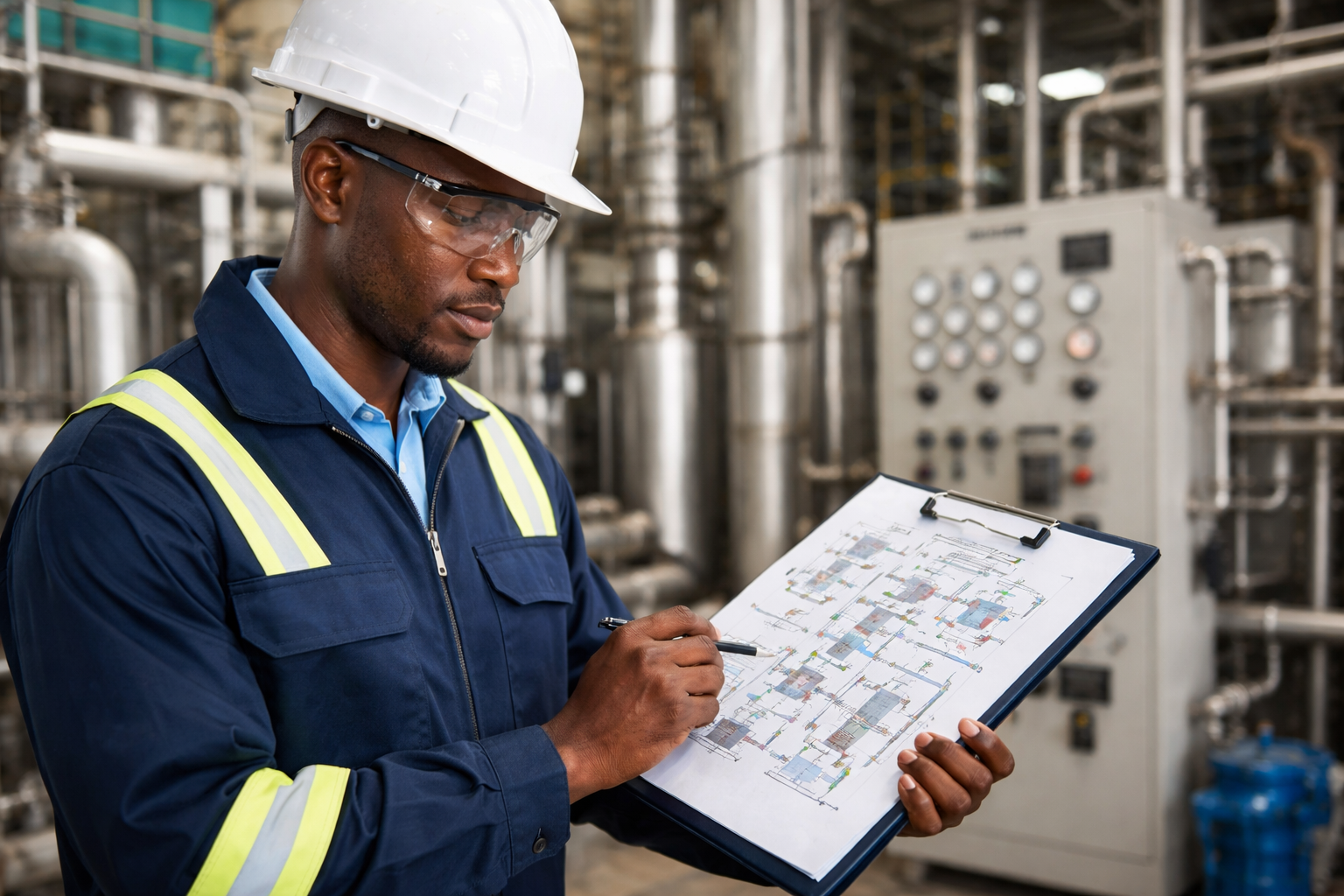 Chemical engineer analyzing industrial process systems used in manufacturing, energy, and pharmaceutical production