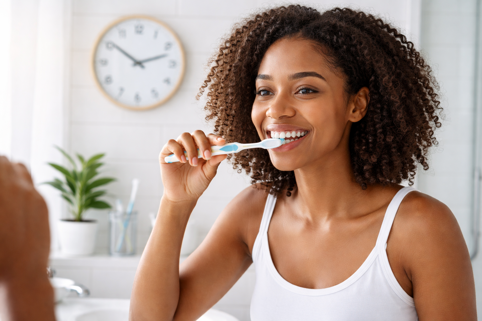 Person gently brushing teeth with a soft-bristled toothbrush, demonstrating proper dental hygiene technique recommended by dentists