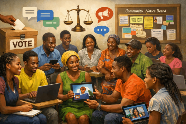 Illustration showing diverse students and community members engaging in civic education through discussion, voting, and digital participation.