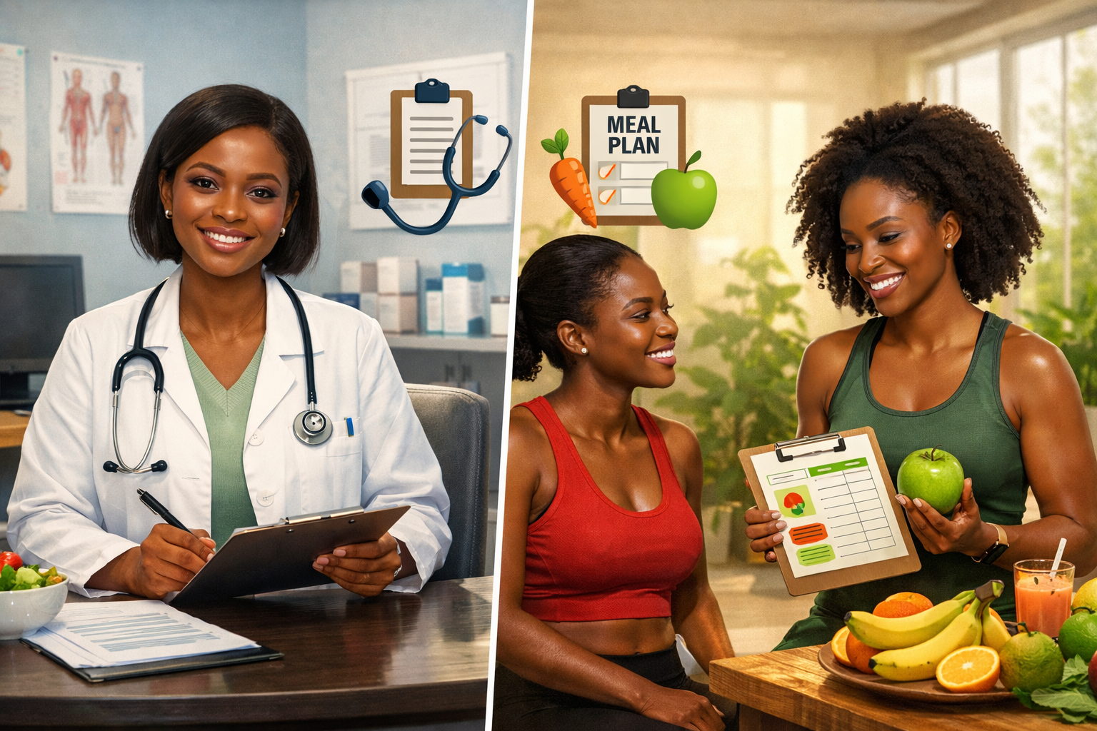 Comparison of a dietitian providing clinical nutrition advice and a nutritionist offering wellness guidance, highlighting the differences in training, regulation, and scope of practice.