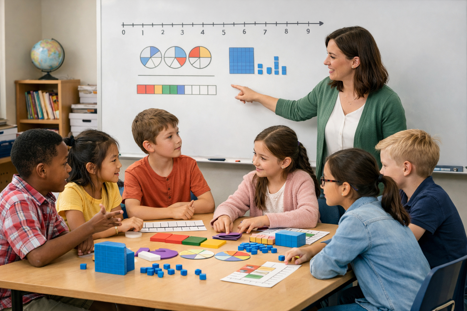 Teacher helping students understand mathematics concepts using visual models to build strong foundational math skills