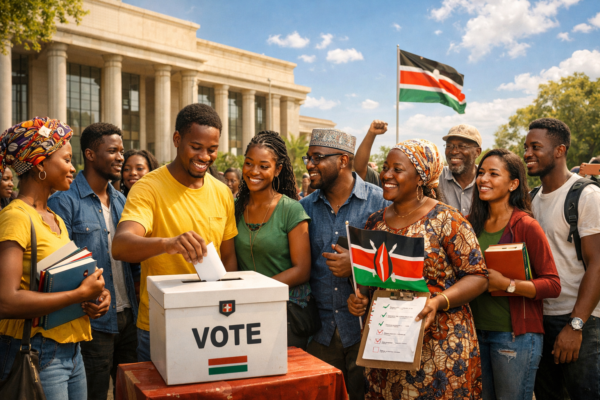Illustration showing students and citizens learning about civic education, democratic participation, rights, duties, and responsible citizenship.