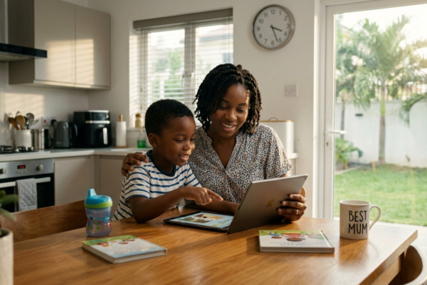 Parent and child sitting together at a kitchen table using a tablet, illustrating the 3-6-9-12 screen time rule for kids and healthy digital habits.