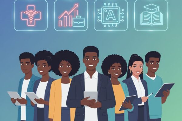 African students and young professionals exploring top in-demand bachelor’s degree careers in healthcare, technology, business, and education for 2034.