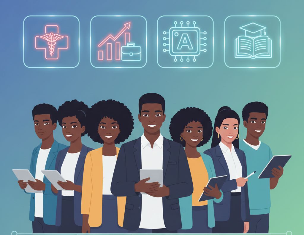 African students and young professionals exploring top in-demand bachelor’s degree careers in healthcare, technology, business, and education for 2034.