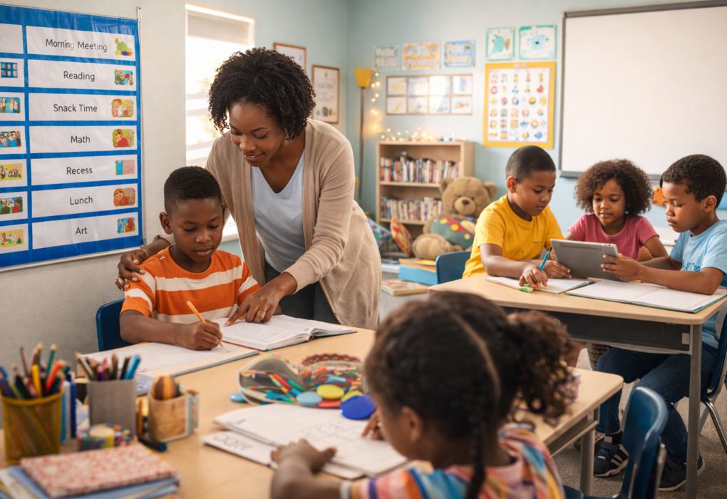 Elementary classroom with visual schedule and teacher supporting a student with autism during structured learning activity