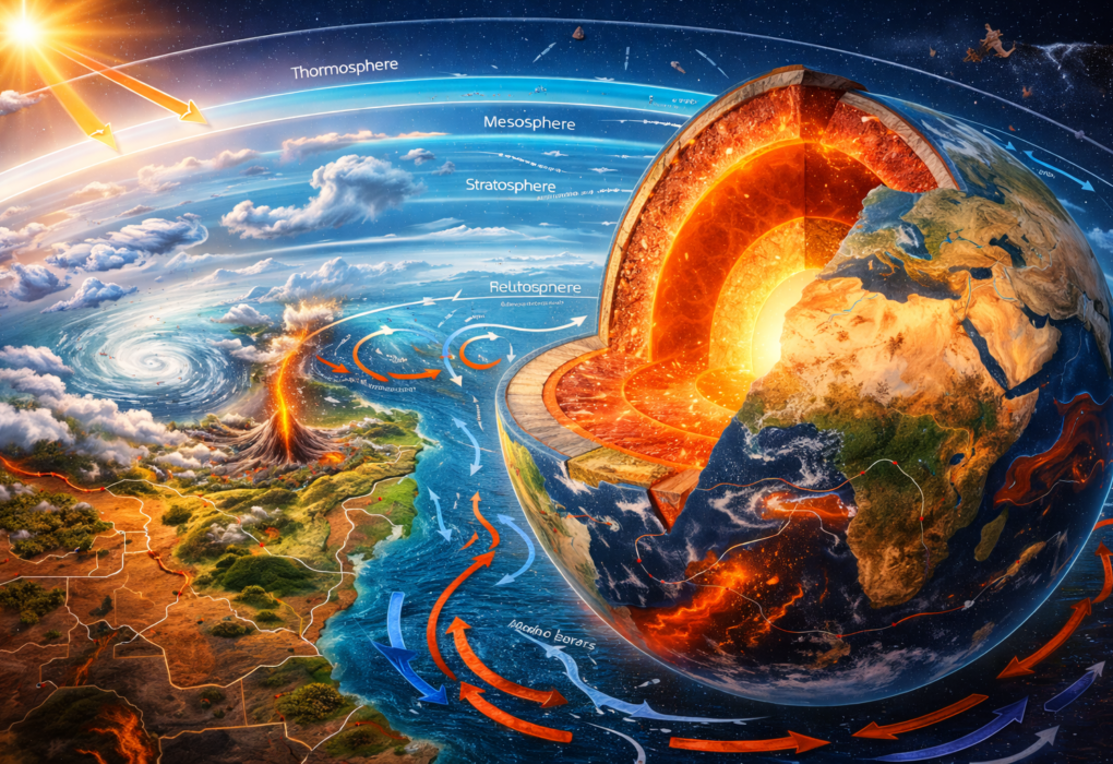 Educational infographic illustrating Earth's internal structure, plate tectonics, atmospheric layers, ocean currents, and climate processes for earth science students.