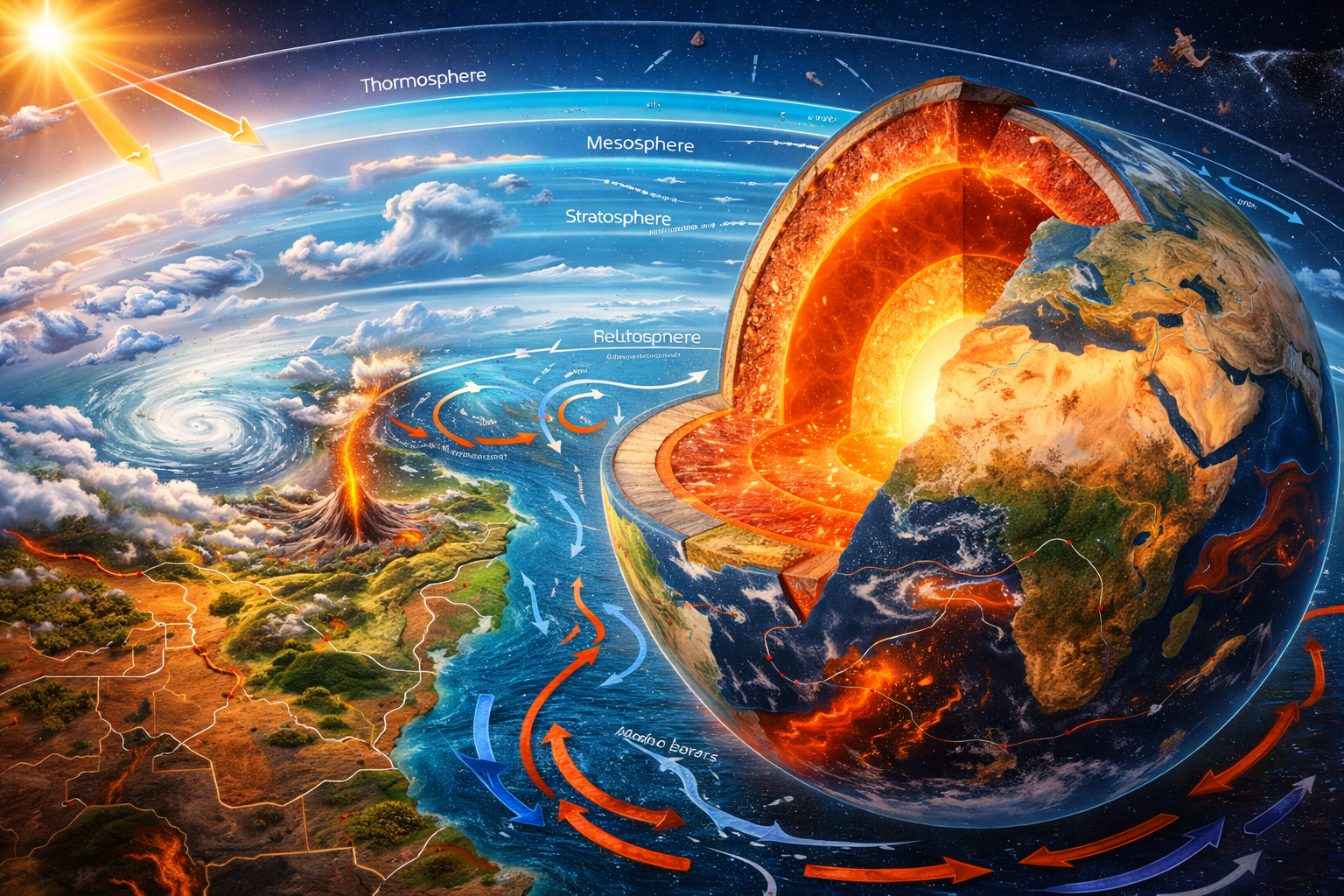 Educational infographic illustrating Earth's internal structure, plate tectonics, atmospheric layers, ocean currents, and climate processes for earth science students.