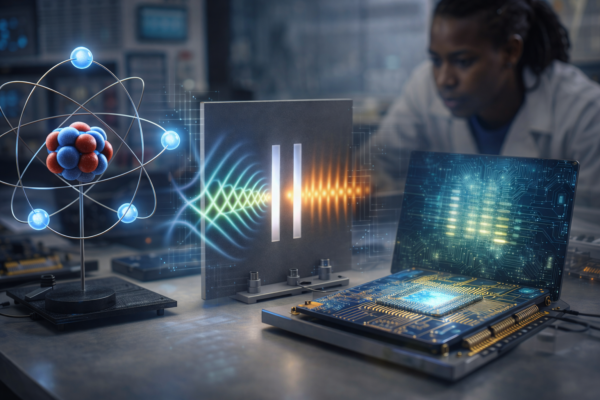 Illustration showing quantum physics concepts including wave–particle duality, the double-slit experiment, atomic structure, and quantum computing technology.