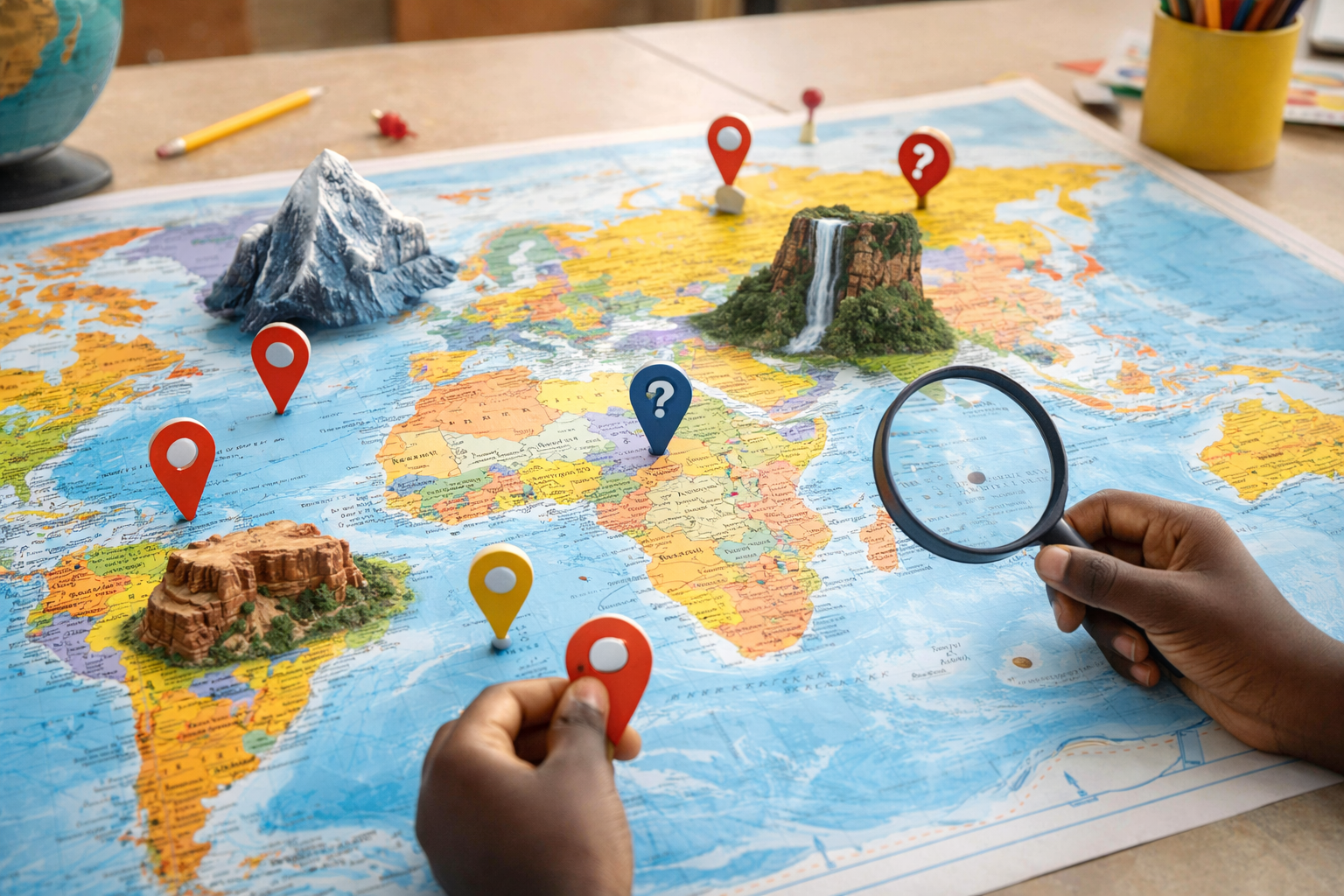 World map geography trivia quiz with question marks and famous landmarks testing global knowledge