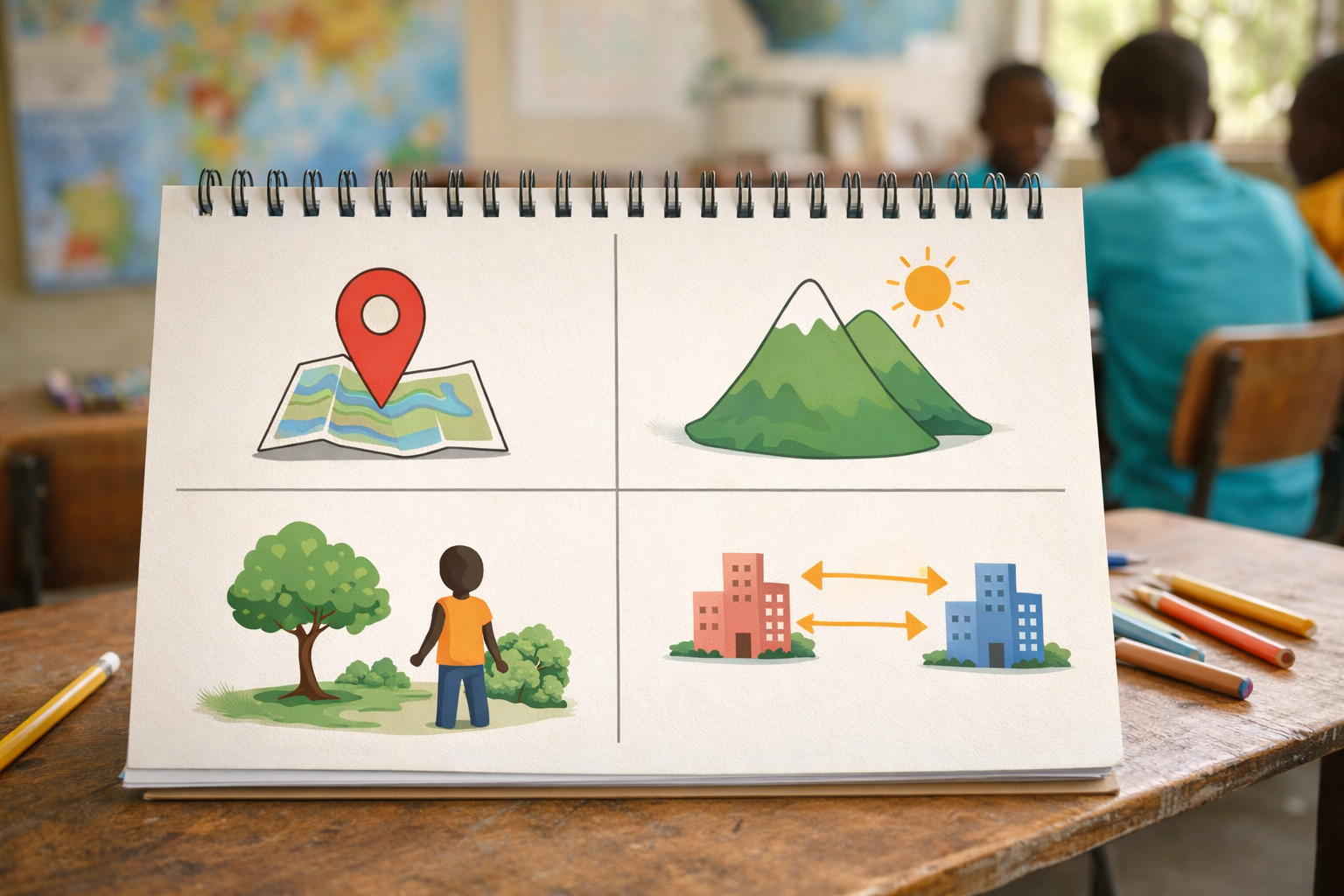 Infographic explaining the four concepts of geography: location, place, human–environment interaction, and movement with map and environmental illustrations.