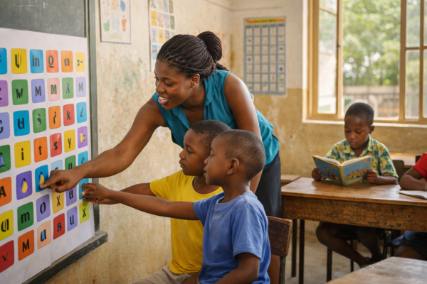 Elementary teacher guiding young students through phonics reading lesson using letter sounds and word blending chart in classroom.