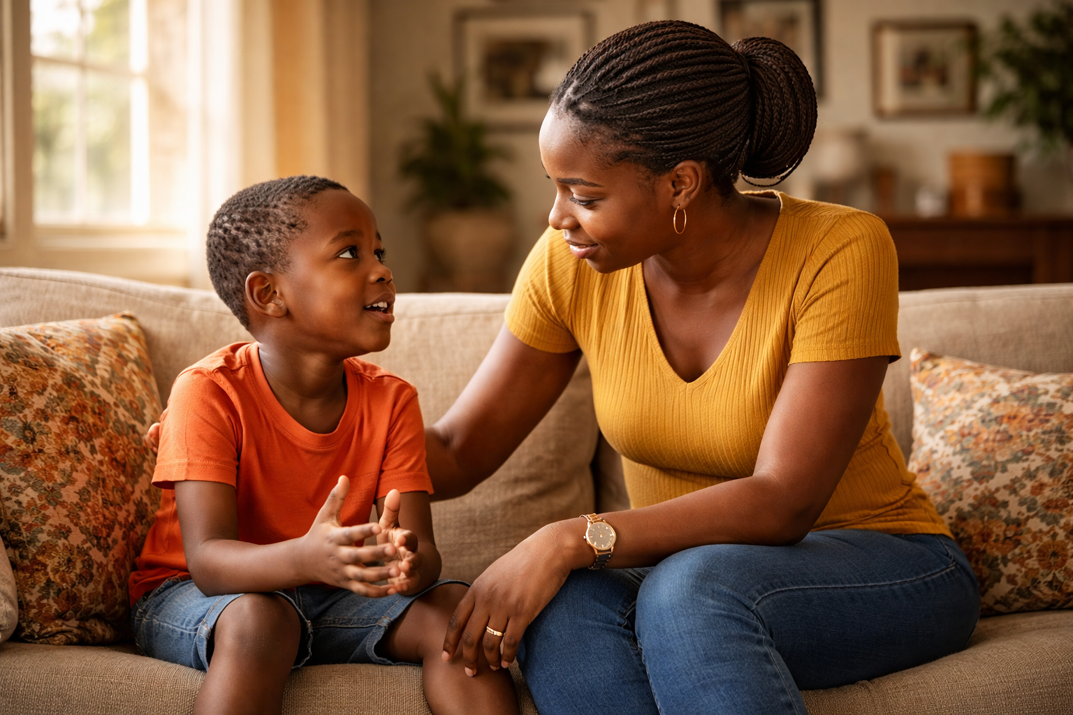 Parent listening attentively to a child expressing emotions at home, illustrating emotional awareness and supportive parenting.