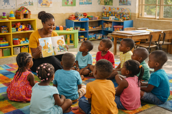 Preschool teacher reading to young children during early childhood education class